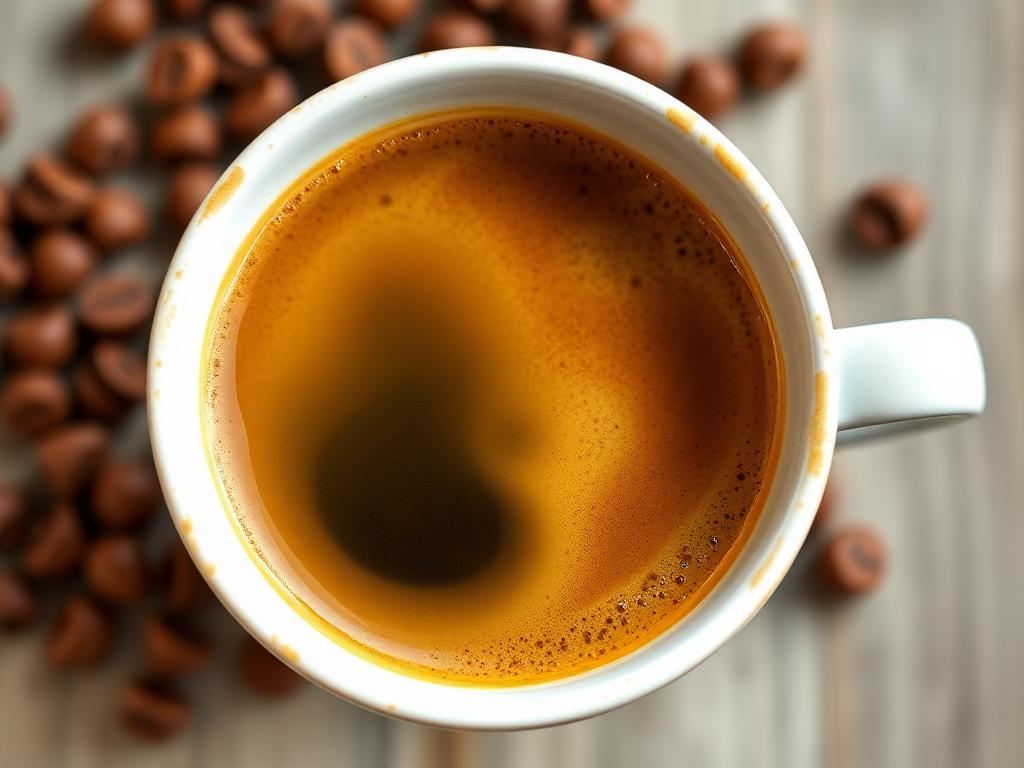 Pocillo circular de café visto desde arriba con granos de café alrededor