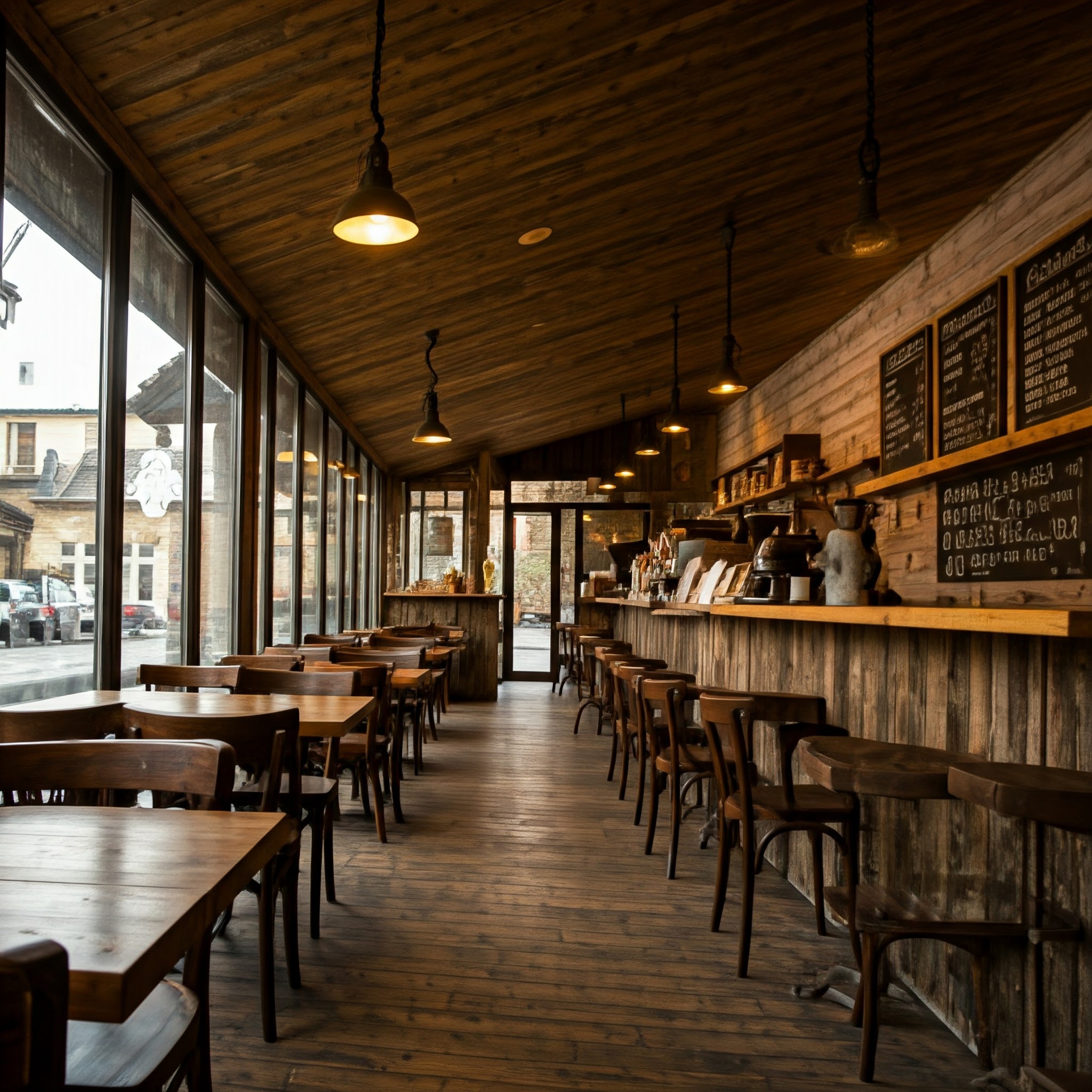 Salón de cafetería con ambientación en madera, con mesas a la izquierda junto a las ventanas y barra a la derecha