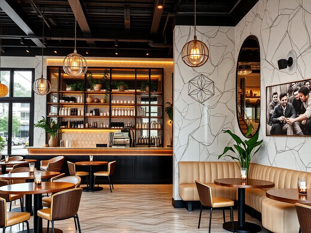 Salón de cafetería de aspecto vintage con paredes símil mármol blanco y una barra al fondo del ambiente
