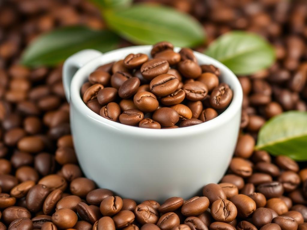 Taza de café circular con granos de afé tostados en su interior, rodeada de más granos de café tostado