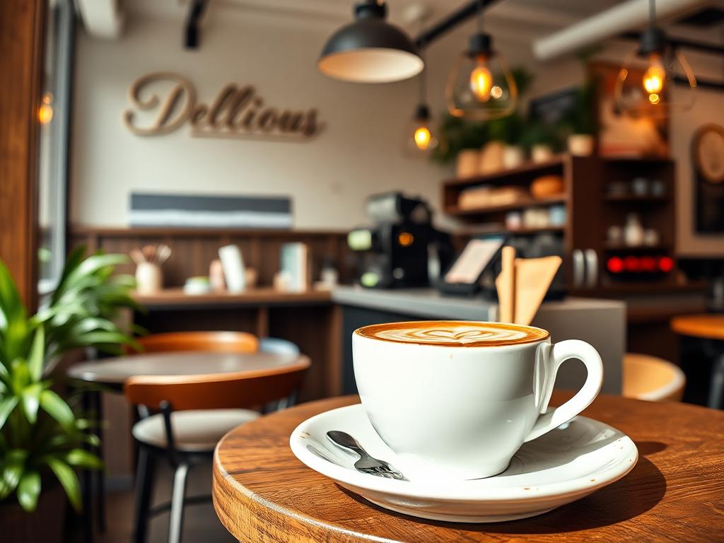 Pocillo de café de color blanco sobre un plato del mismo color, sobre mesa individual de madera dentro de un establecimiento
